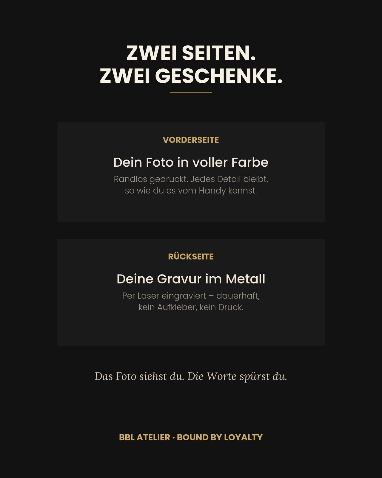 Zwei Seiten: Foto vorne, Gravur hinten