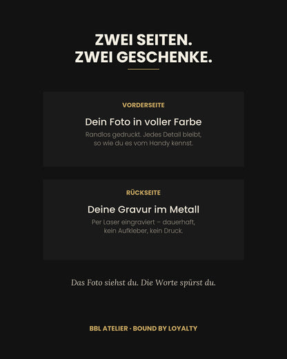 Zwei Seiten: Foto vorne, Gravur hinten